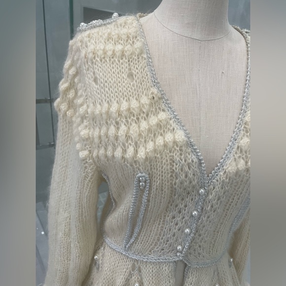 MOHAIR BEIGE SWEATER CARDIGAN WITH JEWELS SIZE MEDIUM - Picture 4 of 17
